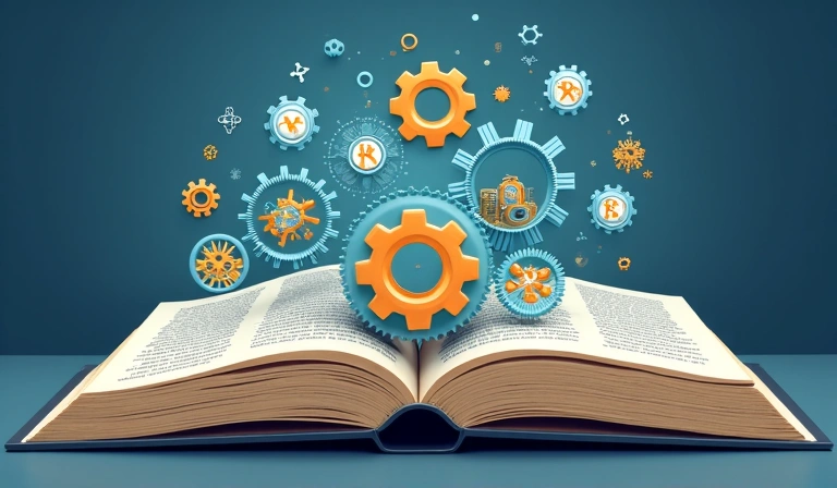 Open book with gears and financial symbols, representing knowledge and automation