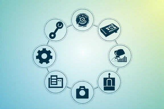 Digital tools icons arranged in a circle, representing efficiency and automation