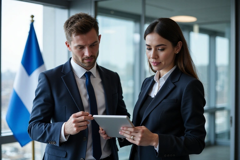 Two business professionals reviewing data on a tablet, with Quebec's flag subtly in the background.